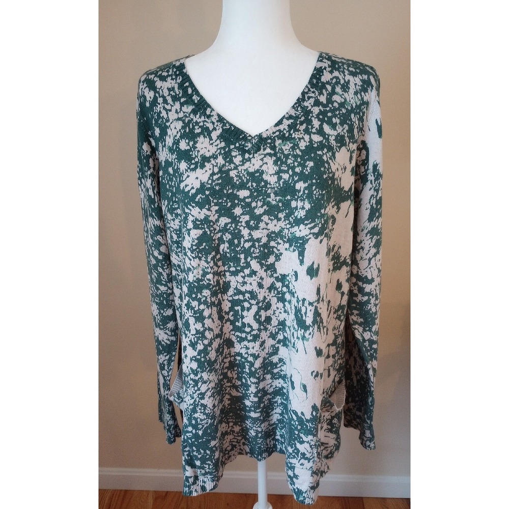 LOGO Lori Goldstein Ladies Cotton/Cashmere Tunic Sweater XL Green/Cream